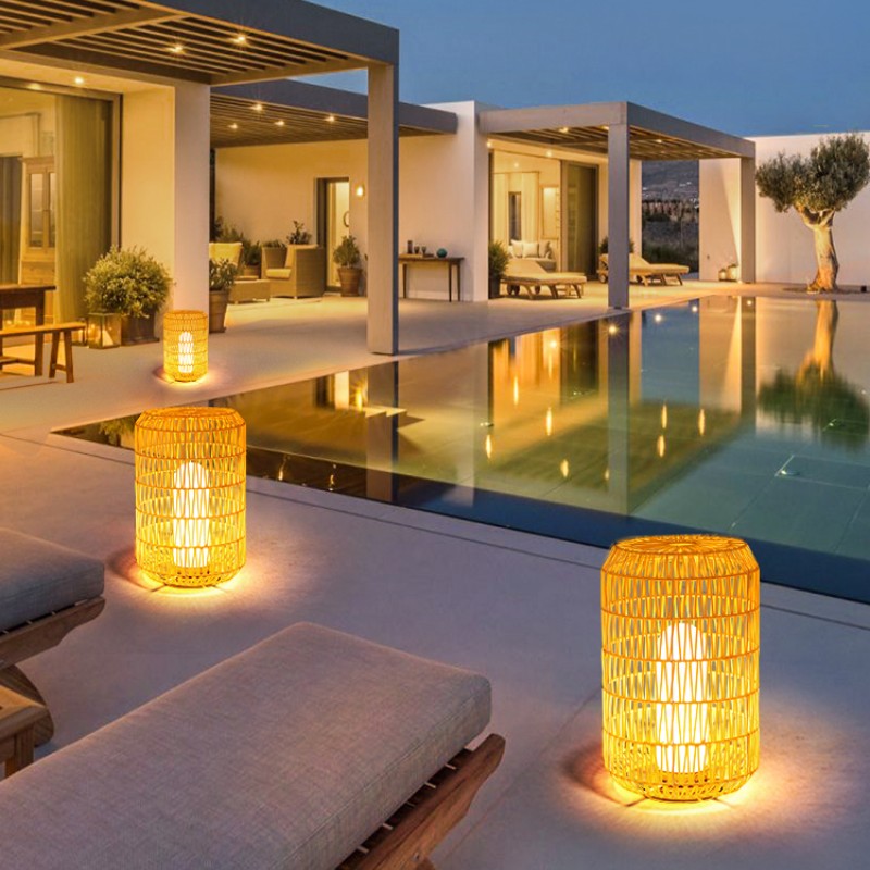 Ritta Vintage Lantern Rattan Floor Lamp, Hardwired/Solar, - Lamp Outdoor