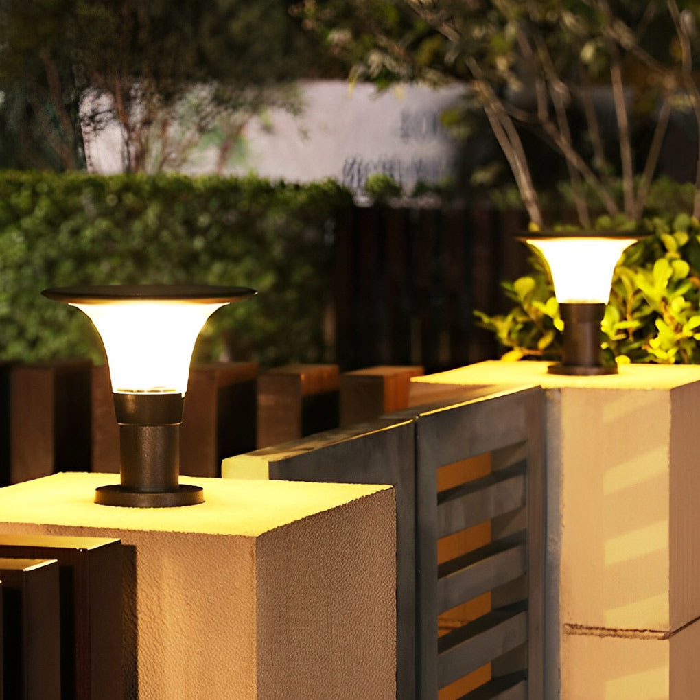 Round Dimmable LED Waterproof Black Modern Solar Fence Post Lights Pillar Lamp - Lamp Outdoor