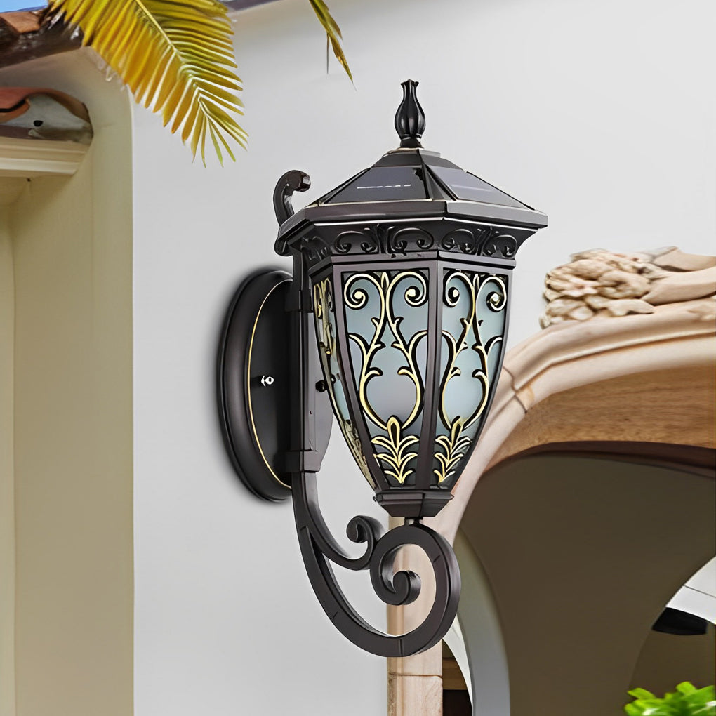 Vintage Flower Pattern Waterproof Black American Style Solar Wall Lamp - Lamp Outdoor
