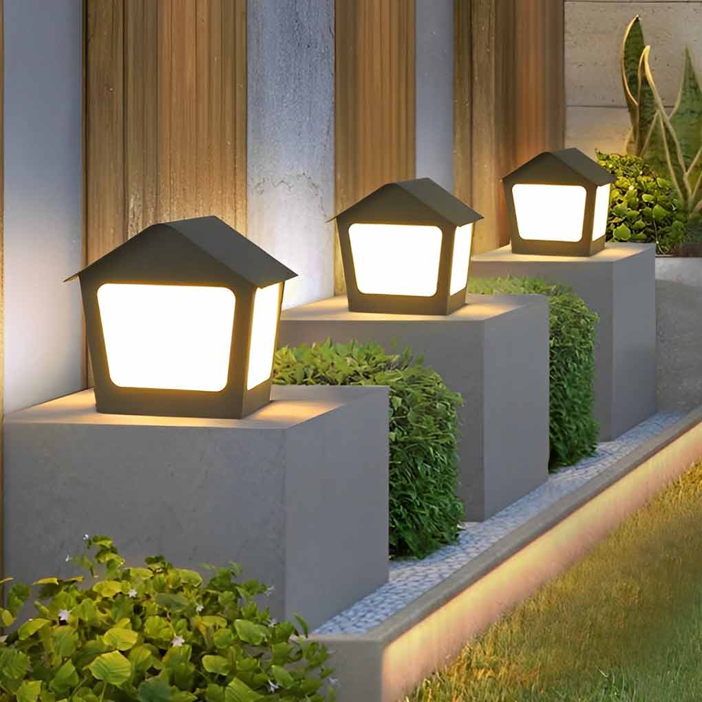 Cottage Shaped LED Waterproof Black Modern Solar Fence Post Lights Pillar Light - Lamp Outdoor