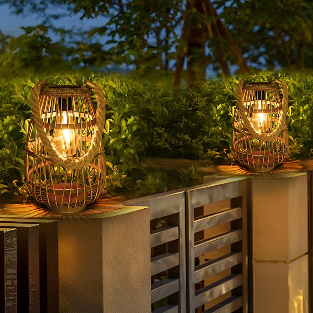 Portable Bamboo Rattan Waterproof LED Wood Retro Solar Outdoor Lanterns - Lamp Outdoor