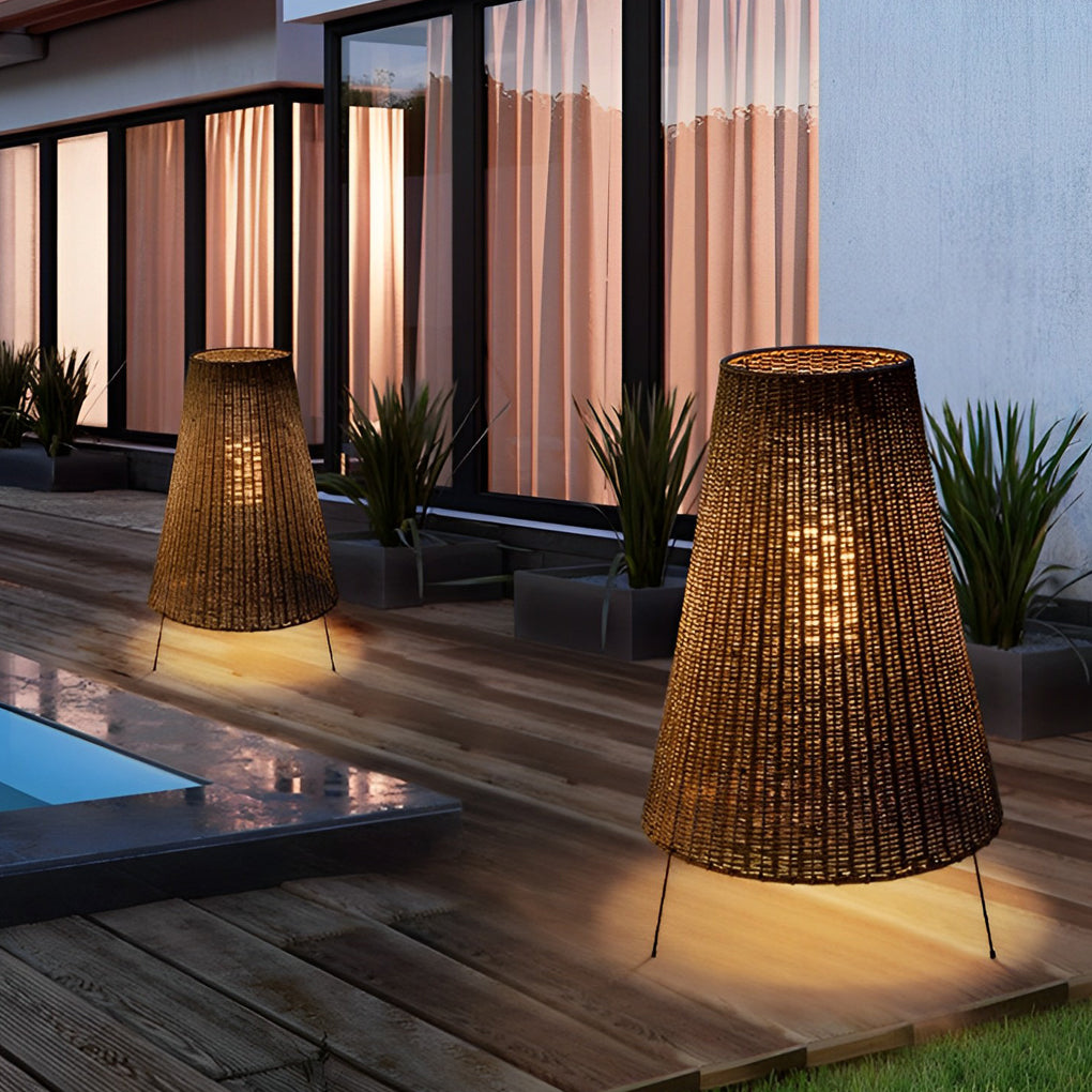 Rattan Shaded Tripod Metal and 1-Light Outdoor Floor Lamp - Lamp Outdoor