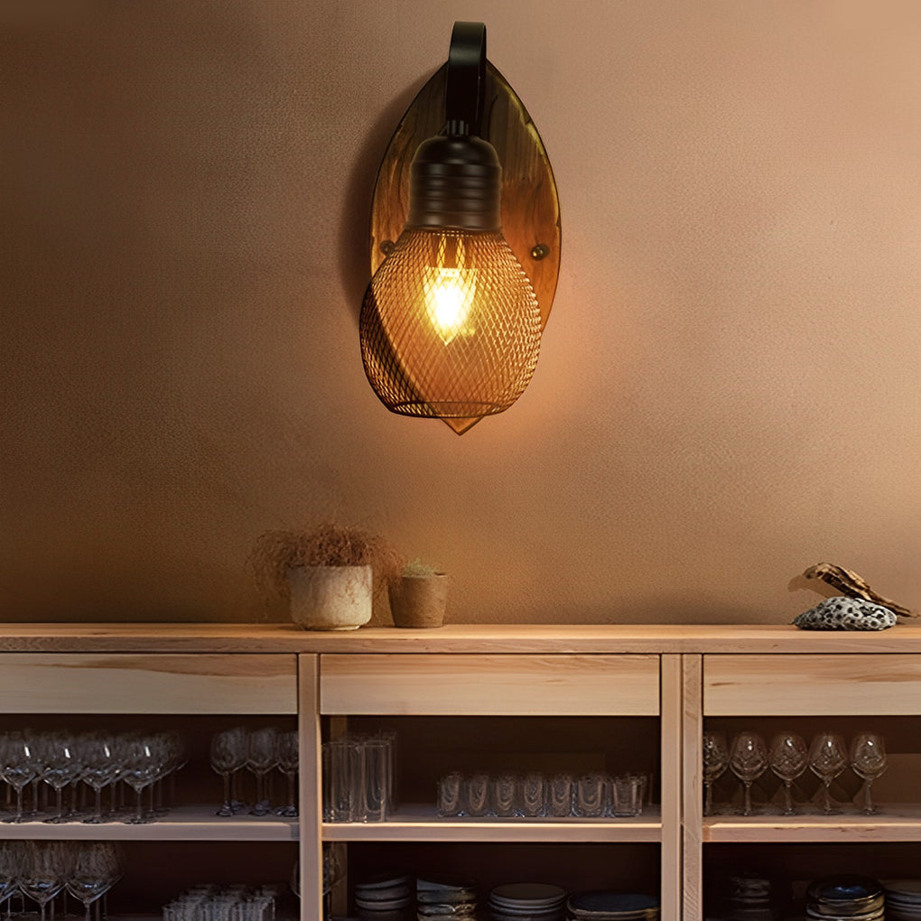 Rustic Antique Wood Iron Hollow Mesh Black E27 Industrial Style Wall Lamp - Lamp Outdoor