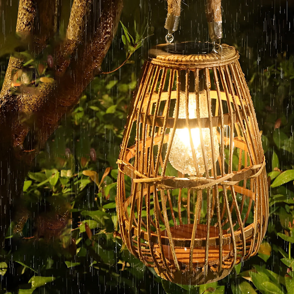 Portable Bamboo Rattan Waterproof LED Wood Retro Solar Outdoor Lanterns - Lamp Outdoor