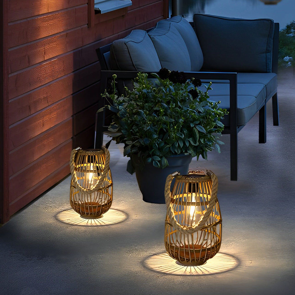 Portable Bamboo Rattan Waterproof LED Wood Retro Solar Outdoor Lanterns - Lamp Outdoor