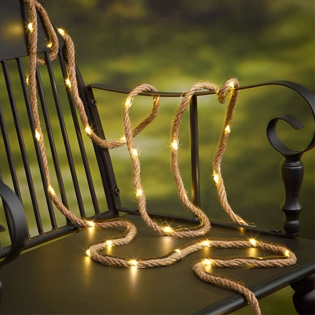 100/200 Lights Hemp Rope Decor Battery-Operated Solar LED String Lights - Lamp Outdoor