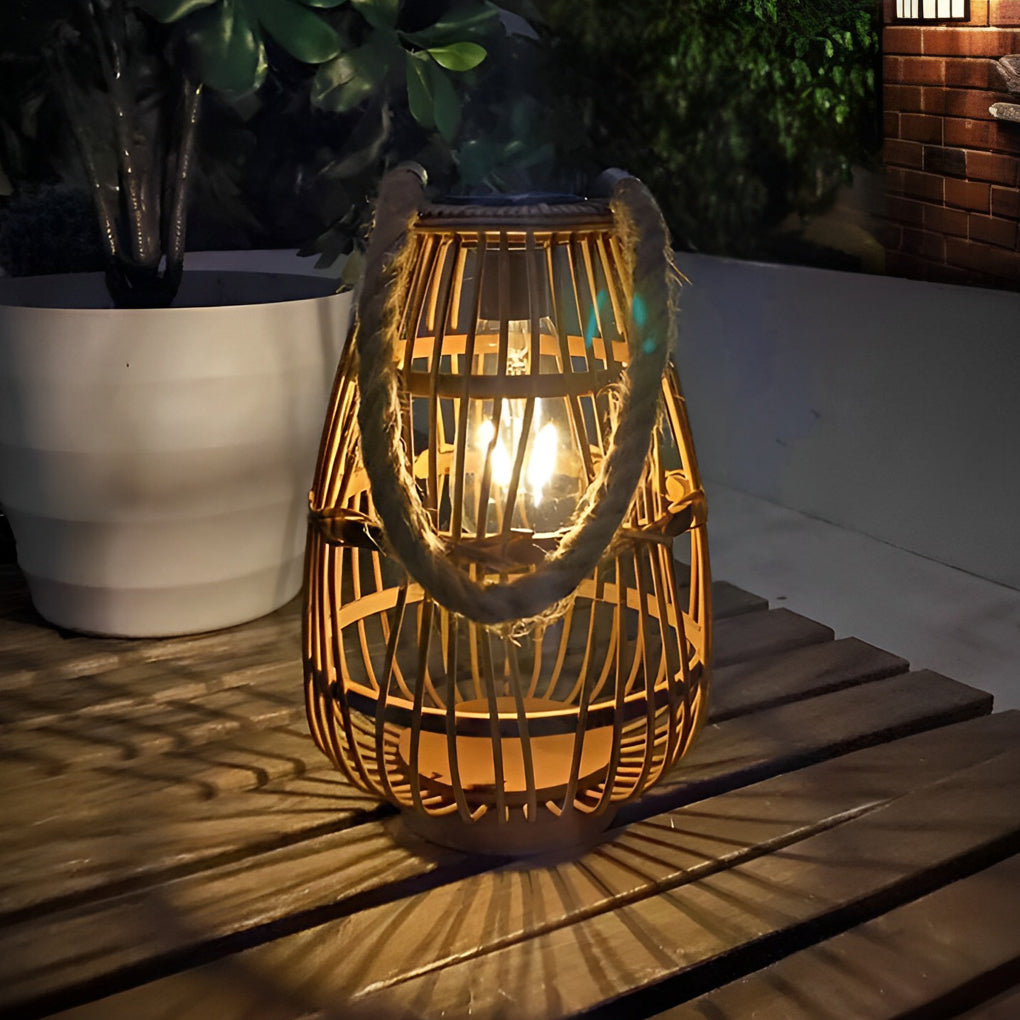Portable Bamboo Rattan Waterproof LED Wood Retro Solar Outdoor Lanterns - Lamp Outdoor