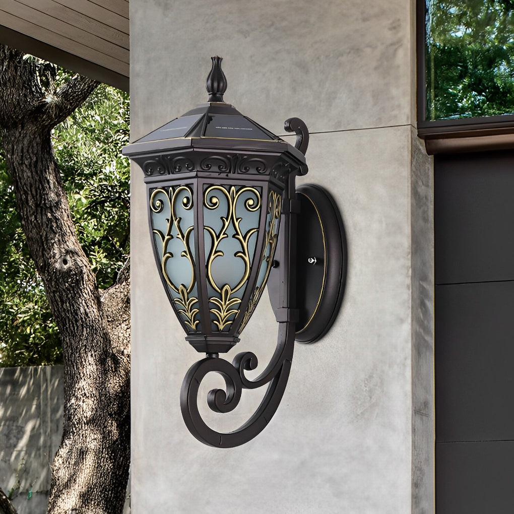 Vintage Flower Pattern Waterproof Black American Style Solar Wall Lamp - Lamp Outdoor
