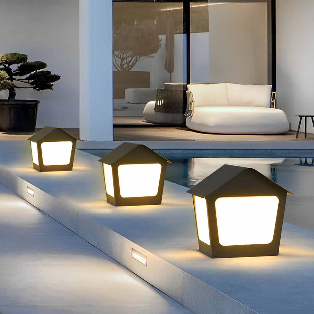 Cottage Shaped LED Waterproof Black Modern Solar Fence Post Lights Pillar Light - Lamp Outdoor
