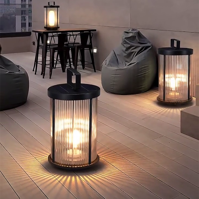 Striped Glass Cylindrical Waterproof Portable Solar Outdoor Lanterns - Lamp Outdoor