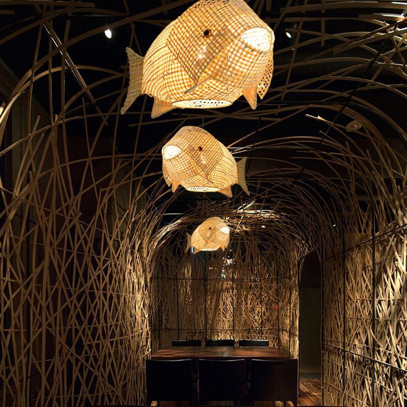 26'' Farmhouse Fish Shaped Bamboo Pendant Light - Lamp Outdoor