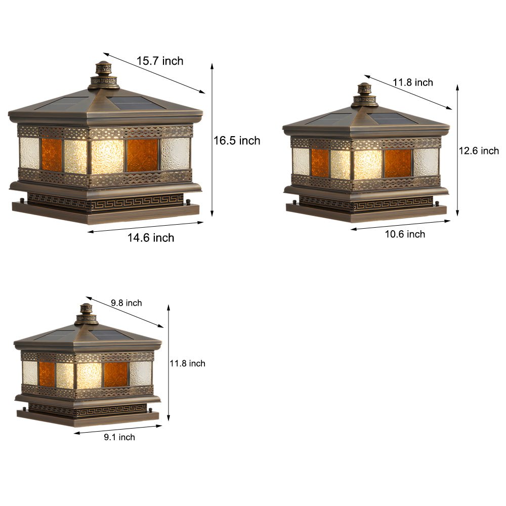 European Square Hardwired/Solar Copper Outdoor Column Light with Glass Shade - Bronze - Lamp Outdoor