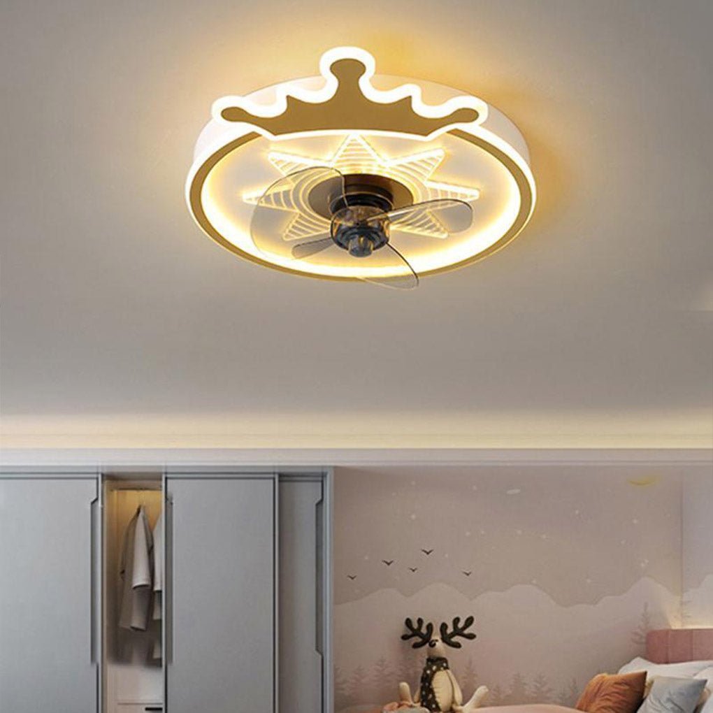 Olive Round Crown Shaped Metal Flush Mount Ceiling Fans - Lamp Outdoor