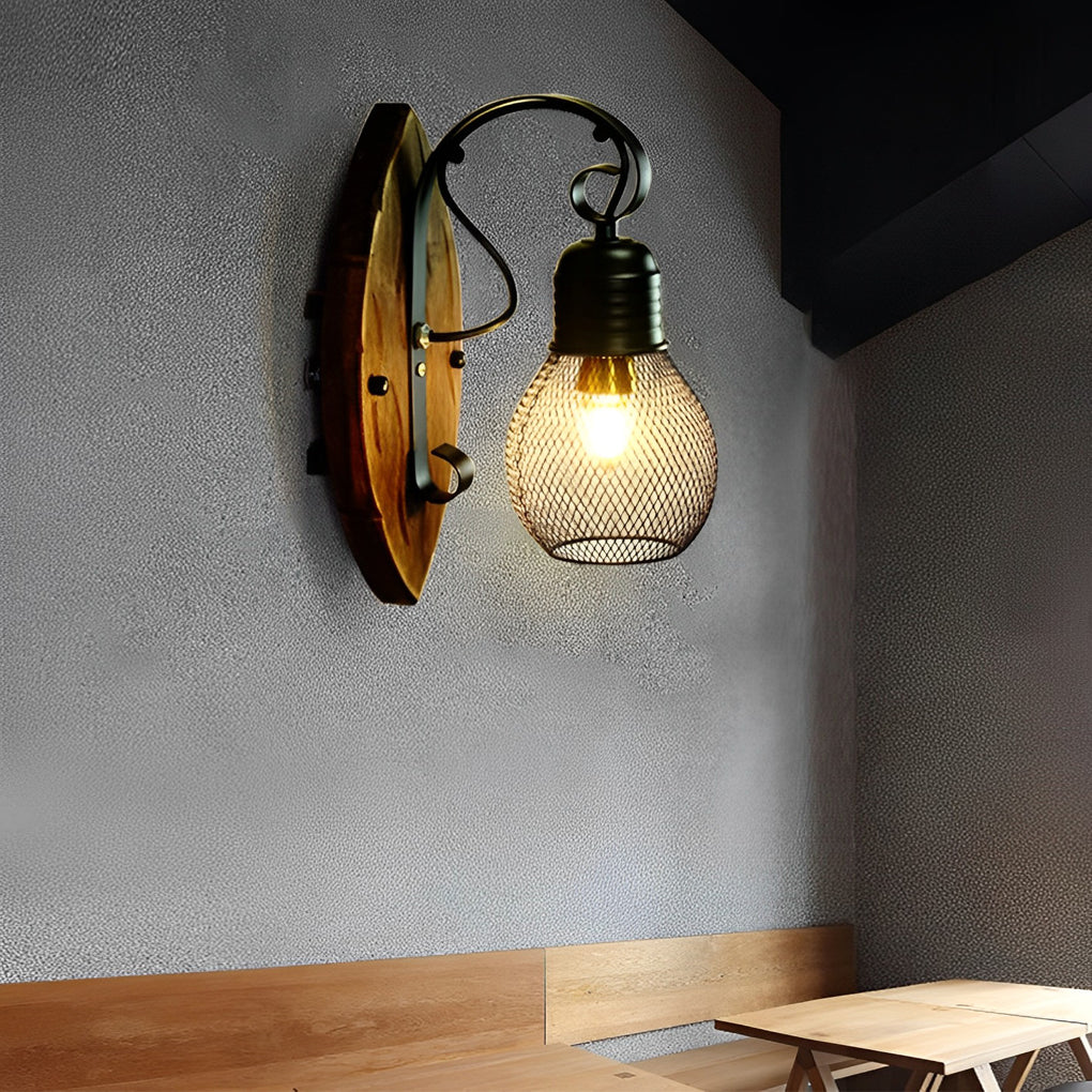 Rustic Antique Wood Iron Hollow Mesh Black E27 Industrial Style Wall Lamp - Lamp Outdoor