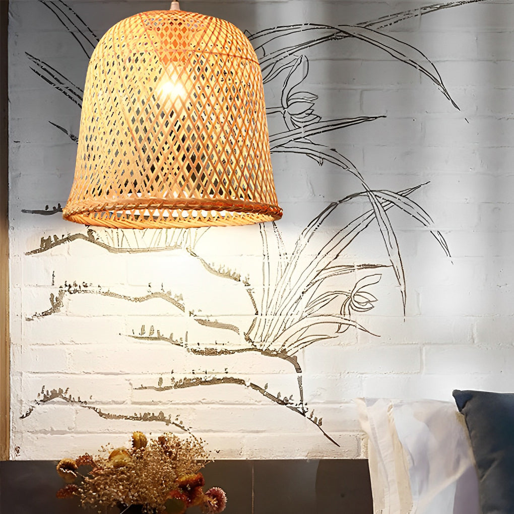 Round Bamboo Hand Woven Pendant Light Nature Inspired Country Ceiling Light - Lamp Outdoor