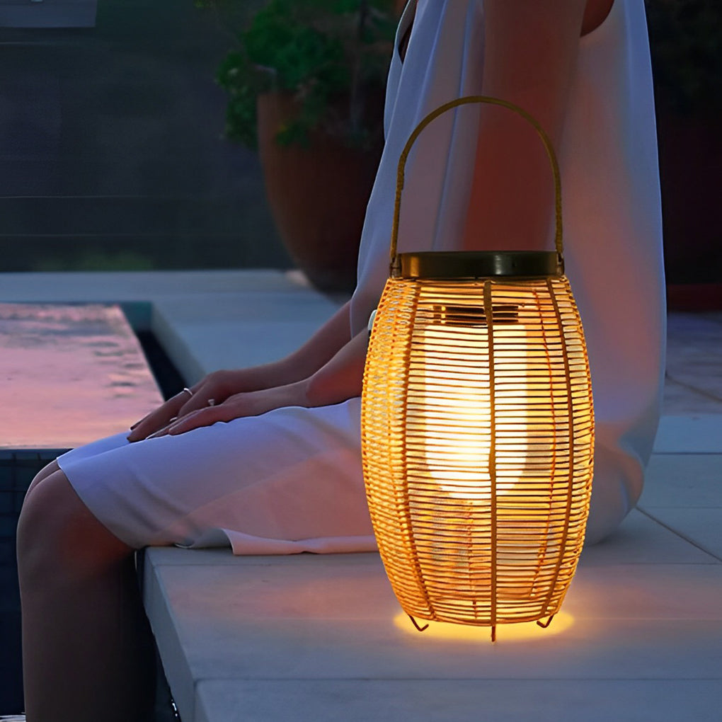 Portable Lantern Rattan LED Waterproof Solar Outdoor Lights Floor Lamp - Lamp Outdoor