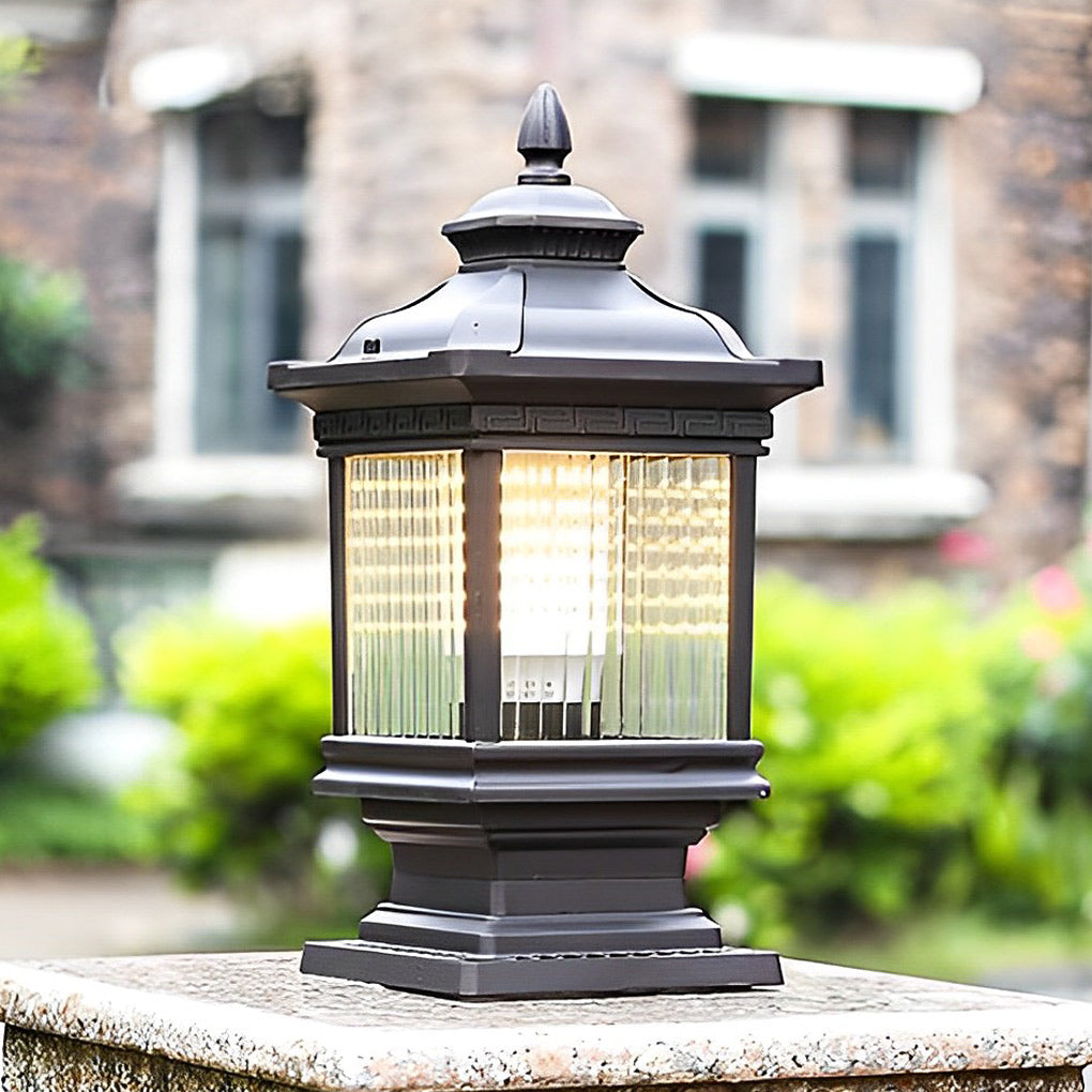 Vintage Grille Glass Shade Waterproof Retro Solar Fence Post Lights - Lamp Outdoor