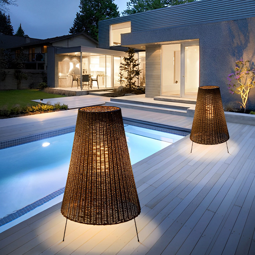 Rattan Shaded Tripod Metal and 1-Light Outdoor Floor Lamp - Lamp Outdoor