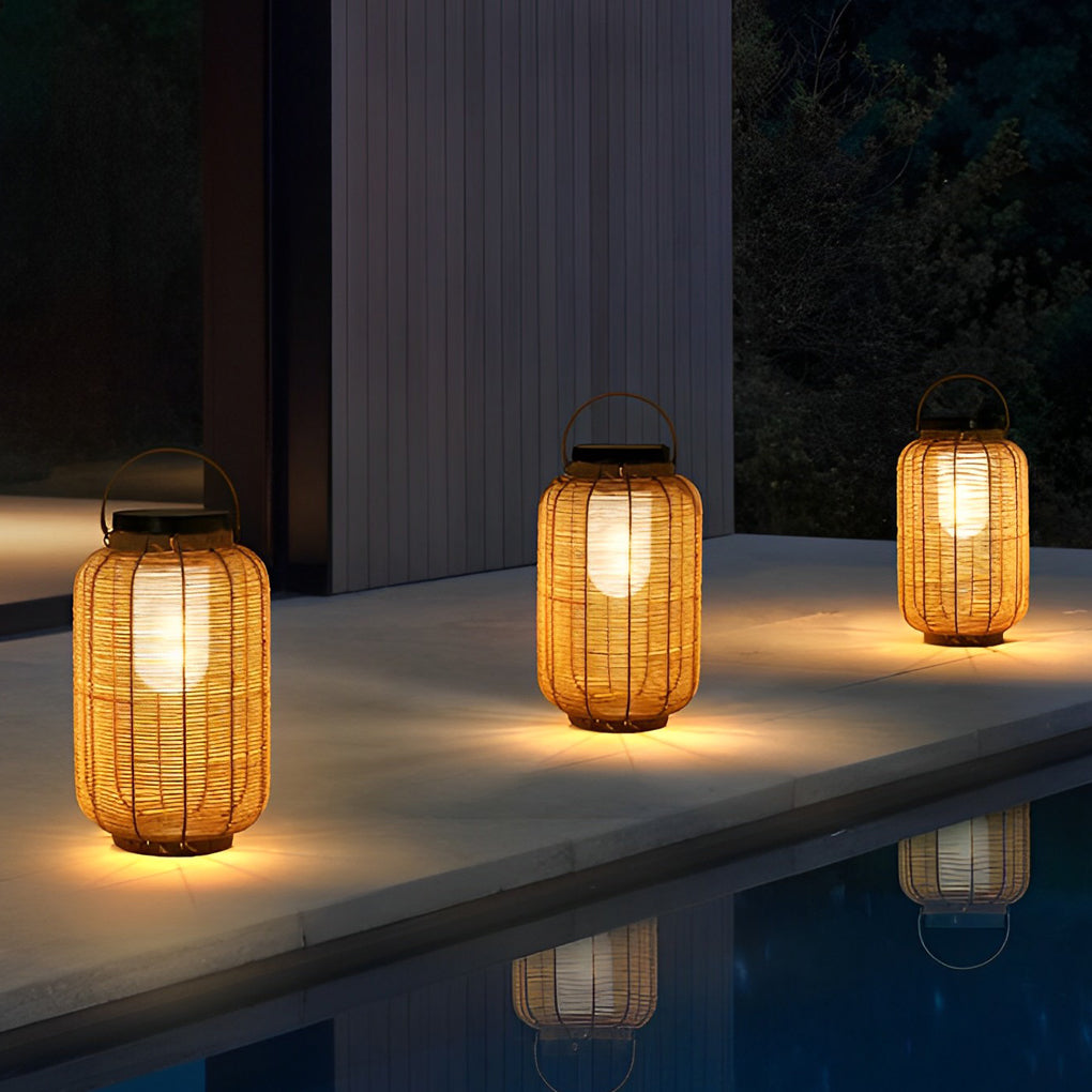 Portable Lantern Rattan LED Waterproof Solar Outdoor Lights Floor Lamp - Lamp Outdoor