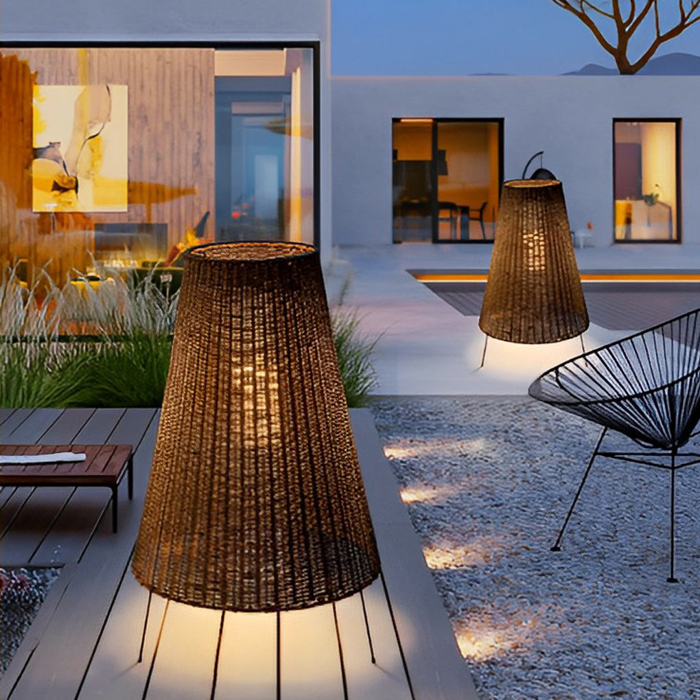 Rattan Shaded Tripod Metal and 1-Light Outdoor Floor Lamp - Lamp Outdoor
