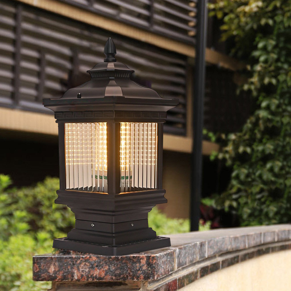 Vintage Grille Glass Shade Waterproof Retro Solar Fence Post Lights - Lamp Outdoor