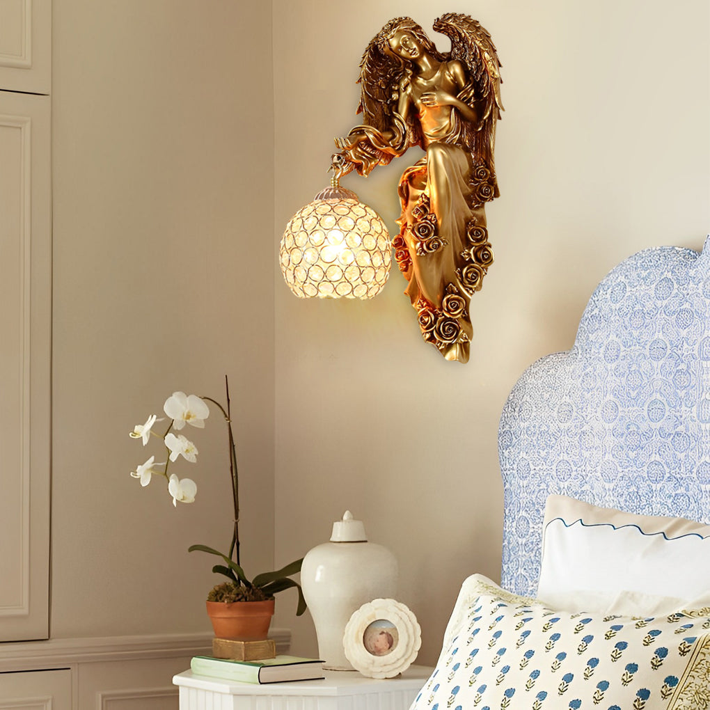 Resin Antique Angel Creative Glass Crystal European Style Wall Lamp - Lamp Outdoor