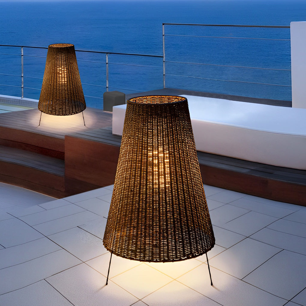 Rattan Shaded Tripod Metal and 1-Light Outdoor Floor Lamp - Lamp Outdoor
