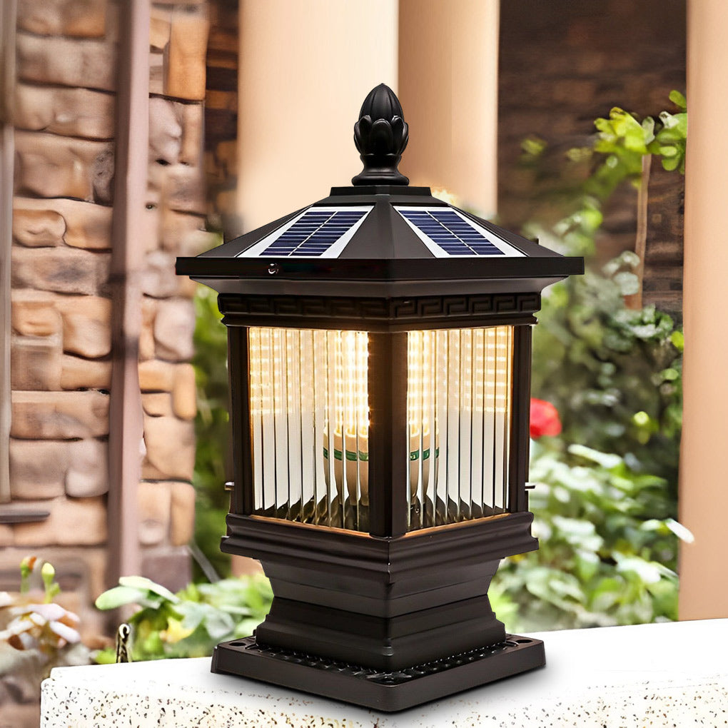 Vintage Grille Glass Shade Waterproof Retro Solar Fence Post Lights - Lamp Outdoor