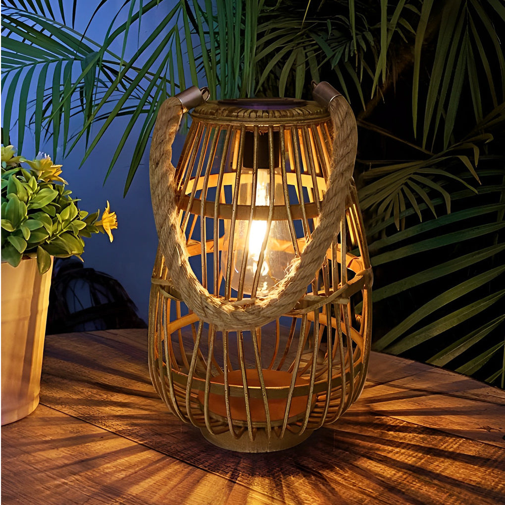 Portable Bamboo Rattan Waterproof LED Wood Retro Solar Outdoor Lanterns - Lamp Outdoor