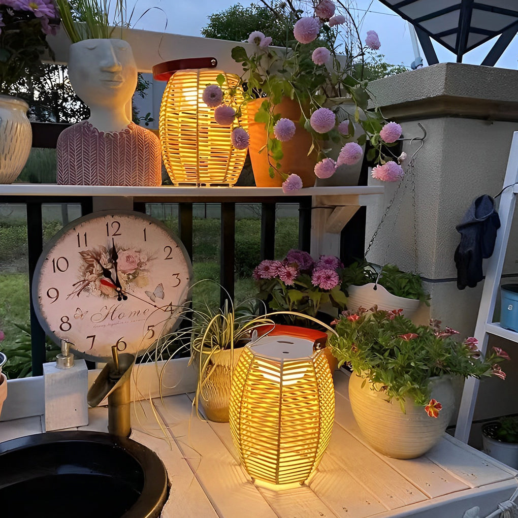 Portable Rattan Lantern Waterproof LED Modern Solar Outdoor Light Floor Lamp - Lamp Outdoor