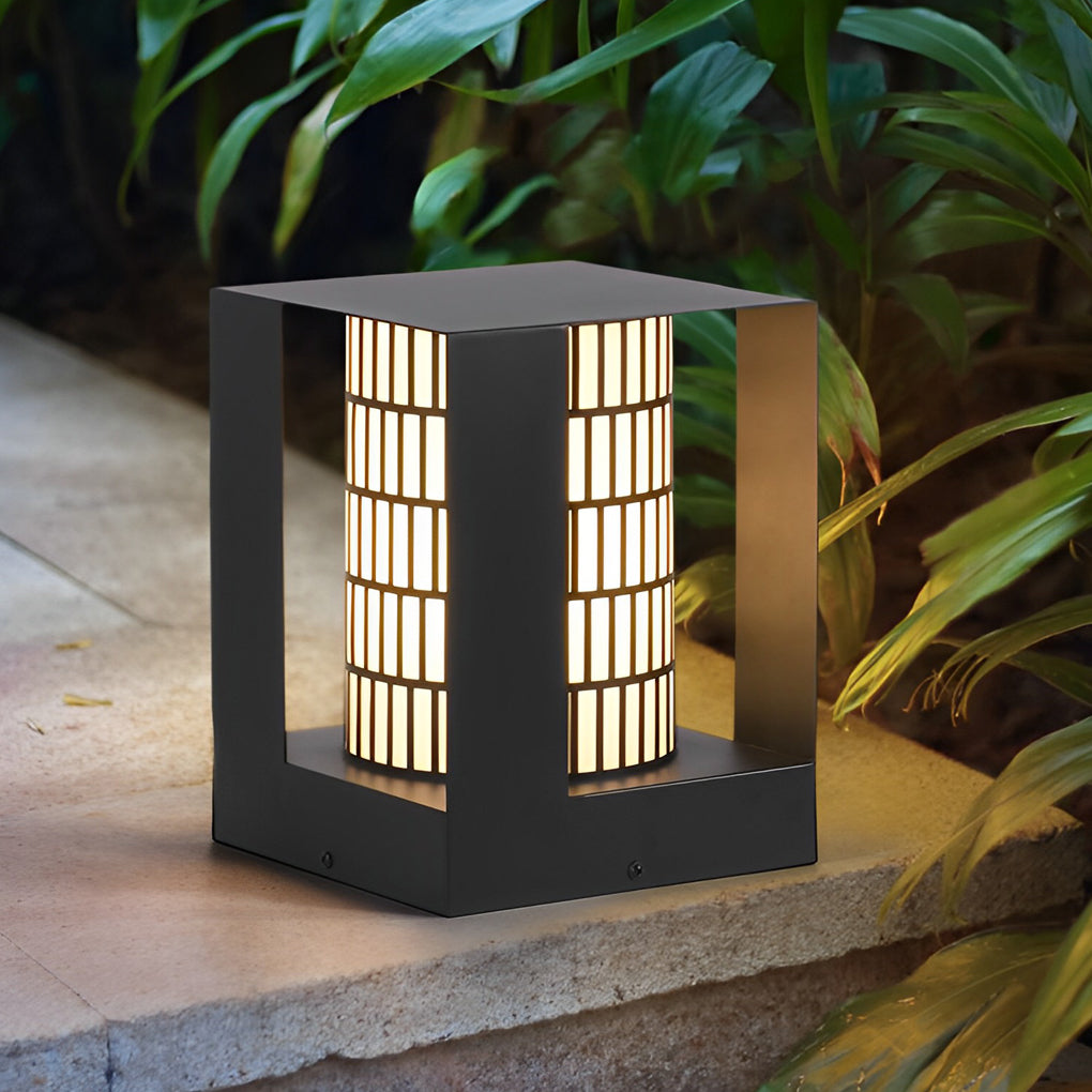 Four-Panel Cylinder Lantern LED Black Waterproof Outdoor Light with Lattice Pattern - Lamp Outdoor