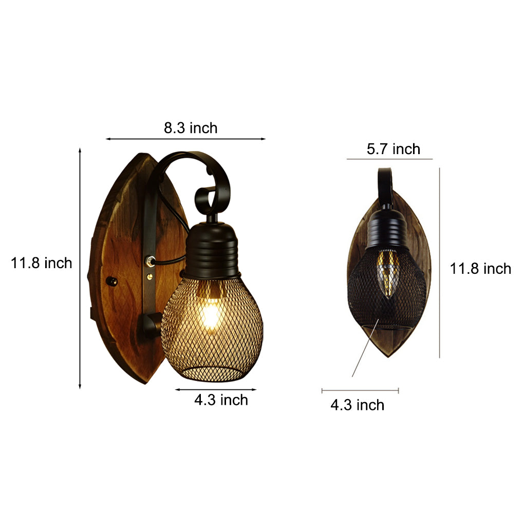 Rustic Antique Wood Iron Hollow Mesh Black E27 Industrial Style Wall Lamp - Lamp Outdoor