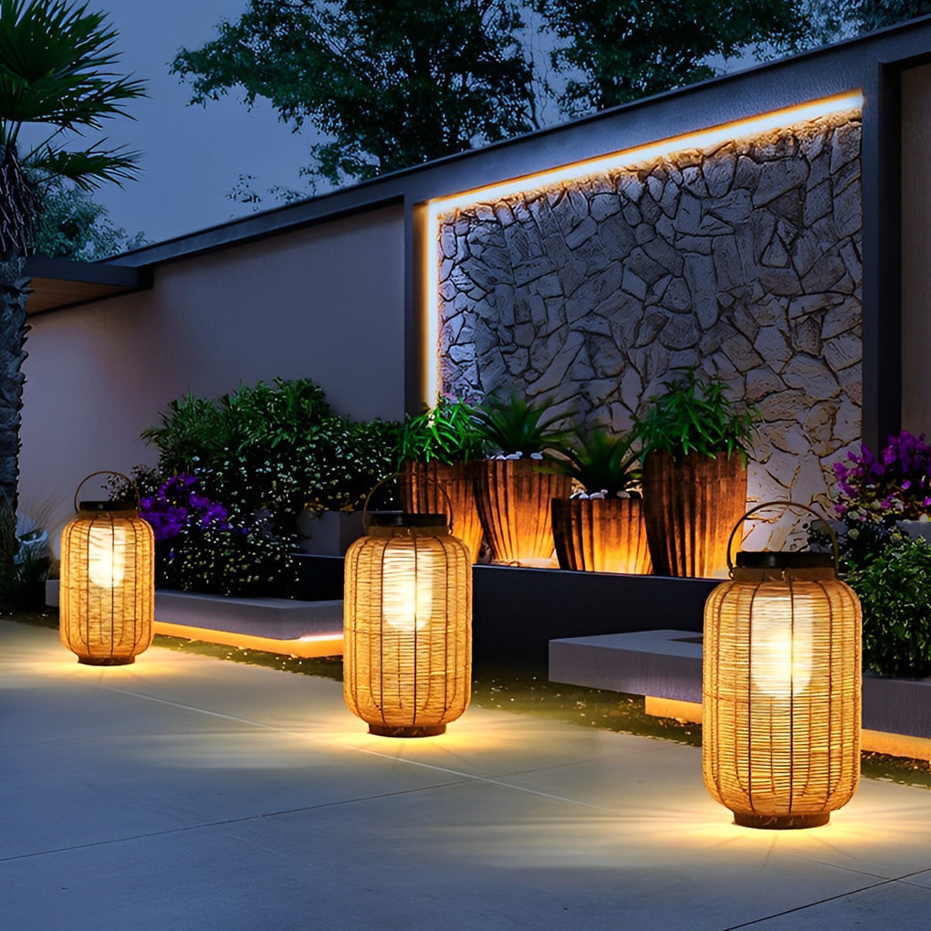 Portable Lantern Rattan LED Waterproof Solar Outdoor Lights Floor Lamp - Lamp Outdoor