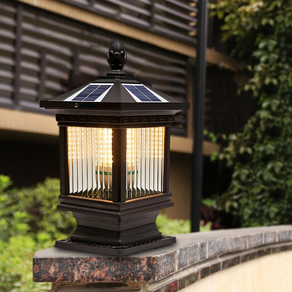 Vintage Grille Glass Shade Waterproof Retro Solar Fence Post Lights - Lamp Outdoor