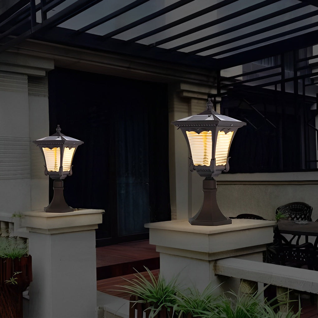 Ornate Top Vintage Solar LED Lawn Lamp in Elegant Coffee Gold Finish - Lamp Outdoor