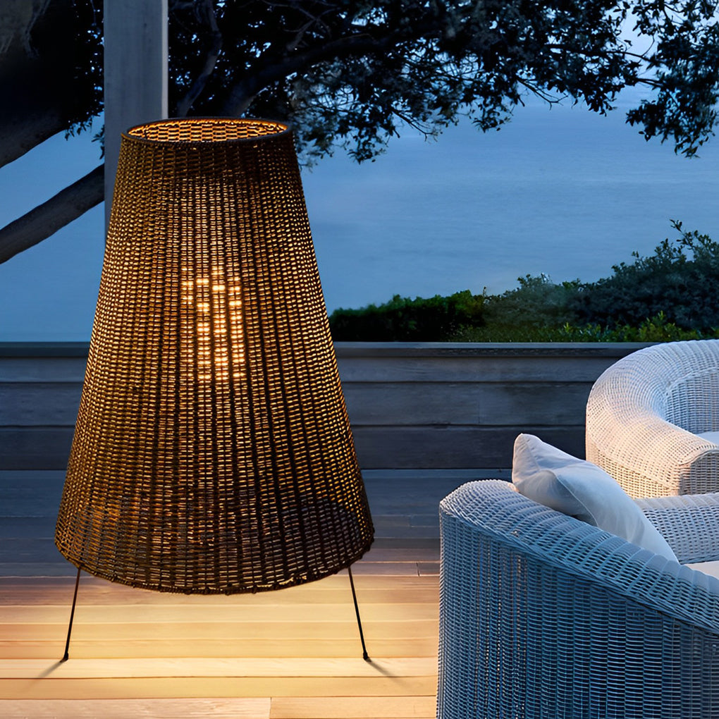 Rattan Shaded Tripod Metal and 1-Light Outdoor Floor Lamp - Lamp Outdoor