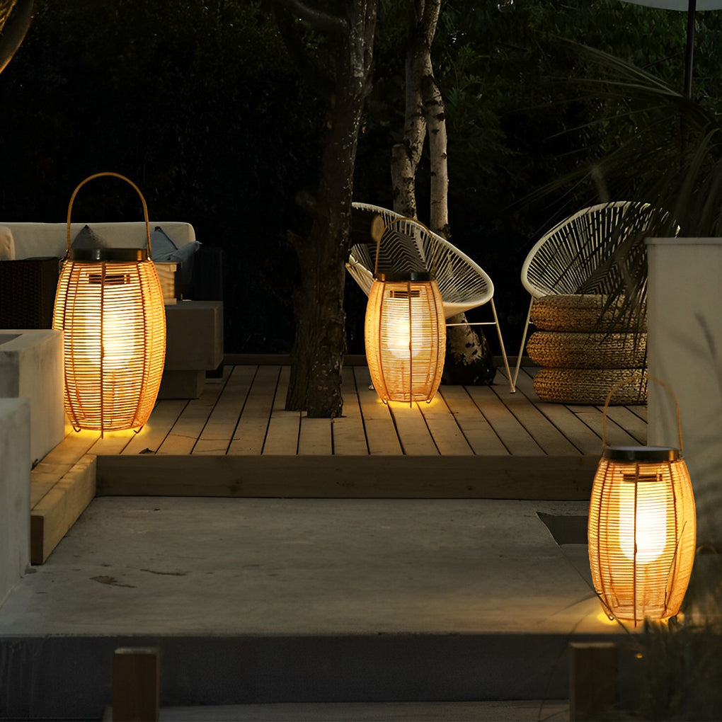 Portable Lantern Rattan LED Waterproof Solar Outdoor Lights Floor Lamp - Lamp Outdoor