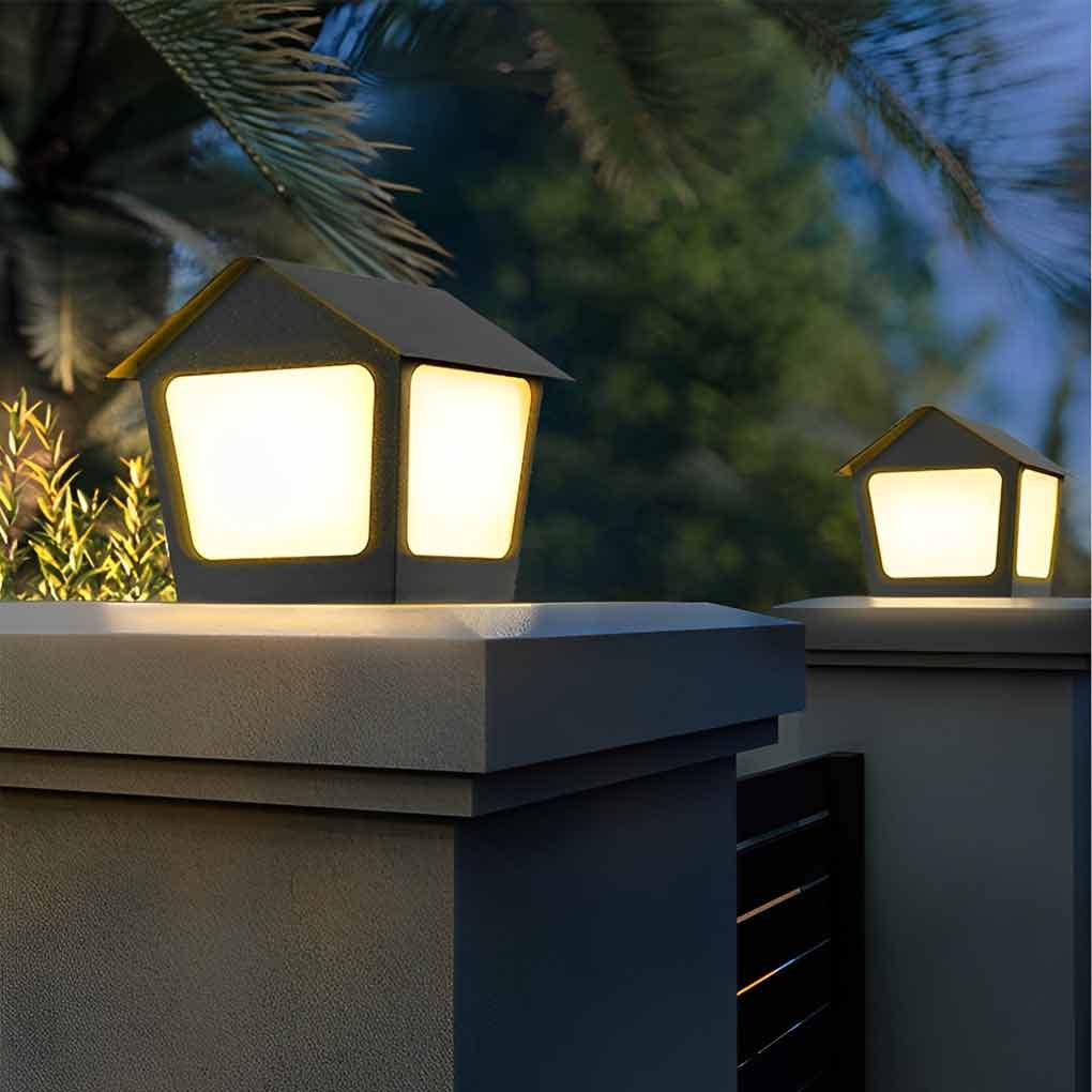 Cottage Shaped LED Waterproof Black Modern Solar Fence Post Lights Pillar Light - Lamp Outdoor