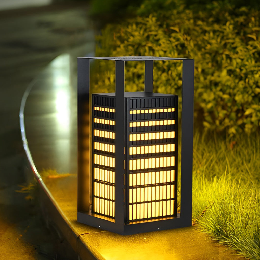 Black Industrial LED Outdoor Pathway Lantern - Building-Inspired Cuboid Design - Lamp Outdoor