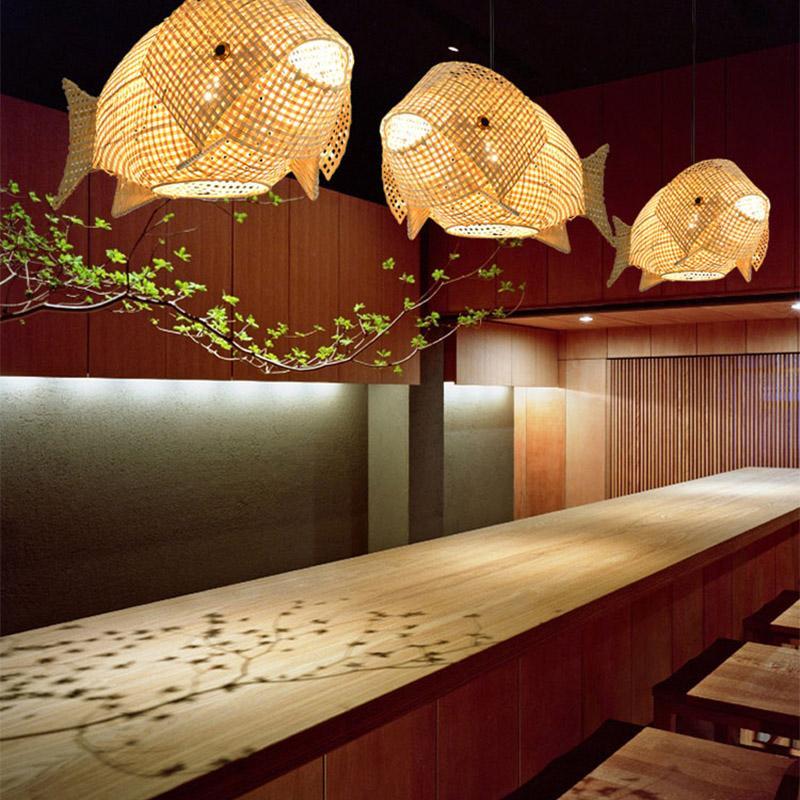26'' Farmhouse Fish Shaped Bamboo Pendant Light - Lamp Outdoor