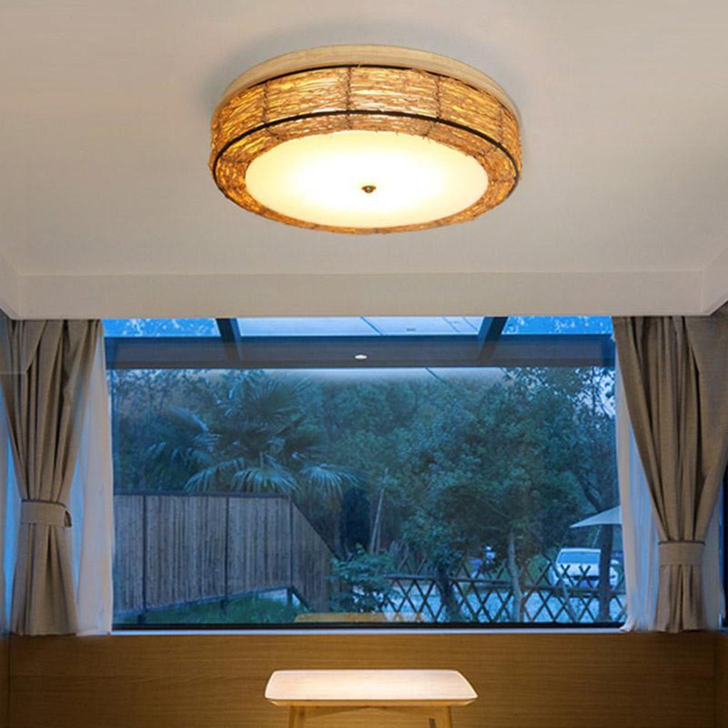 Compact Flush Mount Lighting Covered In Burly wood Wicker - Lamp Outdoor