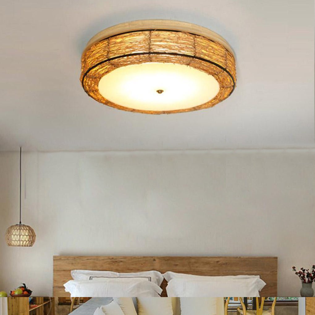 Compact Flush Mount Lighting Covered In Burly wood Wicker - Lamp Outdoor